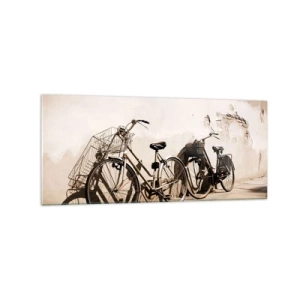 Glasbild - Bild auf glas - Zwei Fahrräder lehnen an einer alten Wand im Retro-Stil - 120x50cm - Der unvergessliche Charme der Vergangenheit - Moderne Wanddekoration für Wohnzimmer und Schlafzimmer ARTTOR