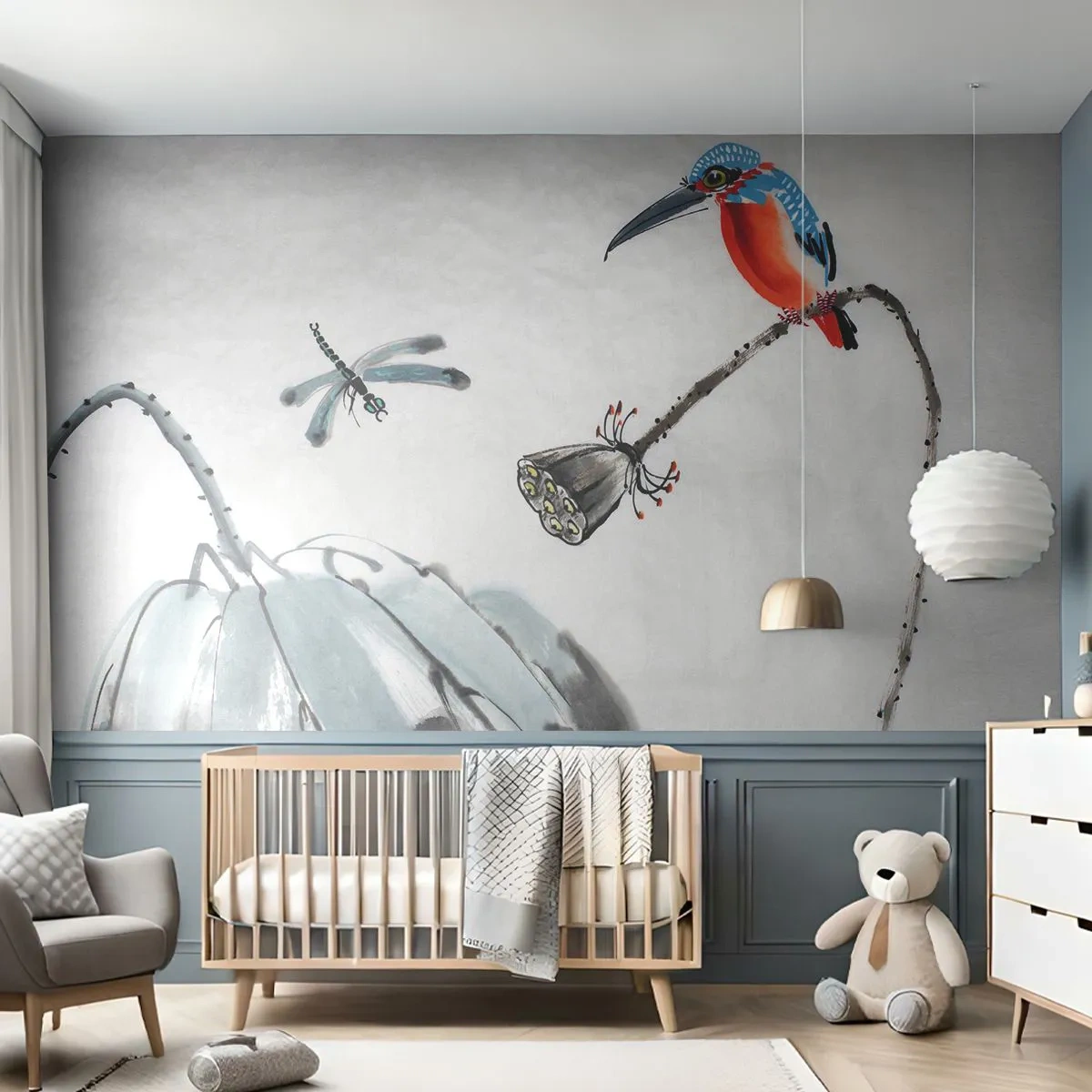 Fototapete Standard Eco - Das Leben der Wiese - Abstraktion, Vogel, Blume - 450x315 cm