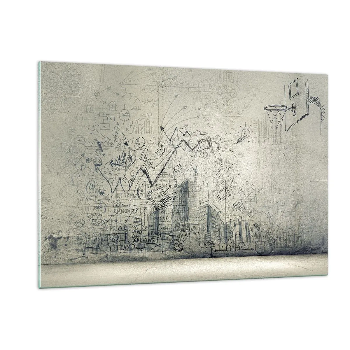 Glasbild - Bild auf glas - Grafische Skizze mit geschäftlichen und kreativen Elementen - 120x80cm - Mein tolles Stadtleben - Moderne Wanddekoration für Wohnzimmer und Schlafzimmer ARTTOR