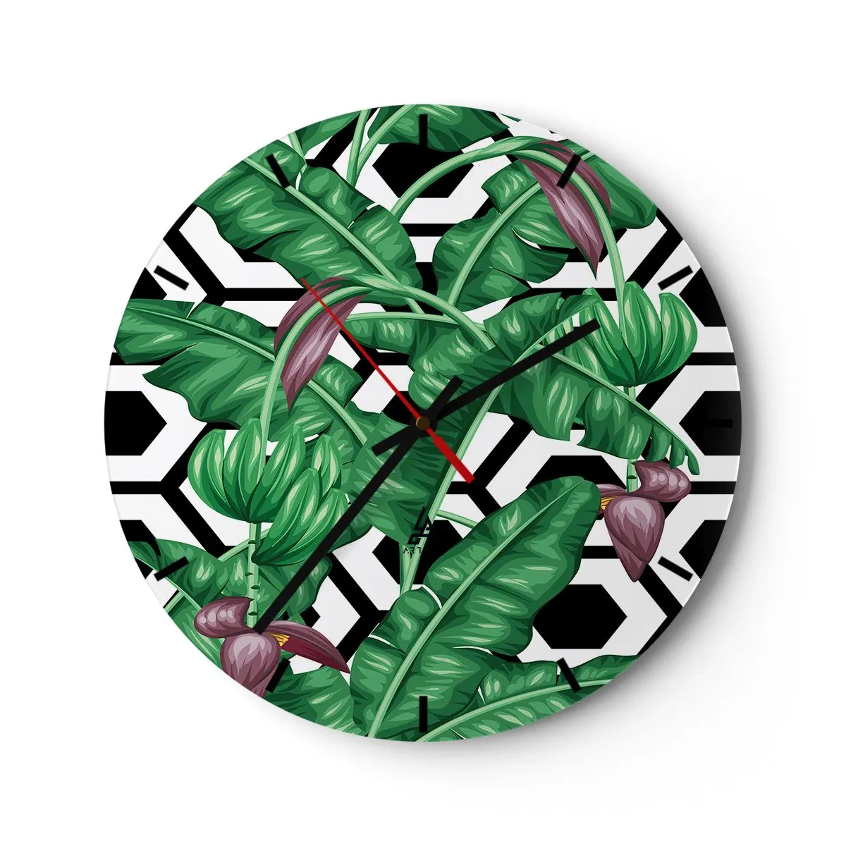 Wanduhr - Glasuhr - Tropische Bananenblätter auf geometrischem Hintergrund - 30x30cm - Von Natur aus eine symmetrische Komposition - Moderne Wanddekoration für Wohnzimmer, Küche und Schlafzimmer ARTTOR