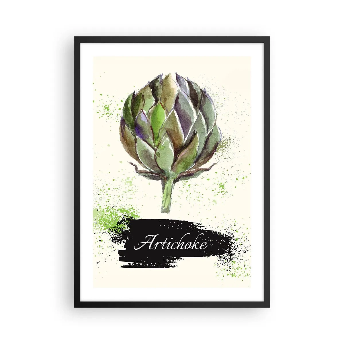 Poster in einem schwarzem Rahmen - Aquarell-Illustration einer Artischocke auf hellem Hintergrund - 50x70cm - Eviva-Gemüse! - Moderne Wanddekoration für Wohnzimmer und Schlafzimmer ARTTOR
