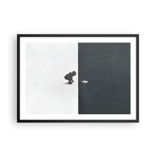 Poster in einem schwarzem Rahmen - Eine Kinderfigur mit einem Papierboot vor einem Hintergrund aus kontrastierenden Hälften - 70x50cm - Tolle Expedition - Moderne Wanddekoration für Wohnzimmer und Schlafzimmer ARTTOR