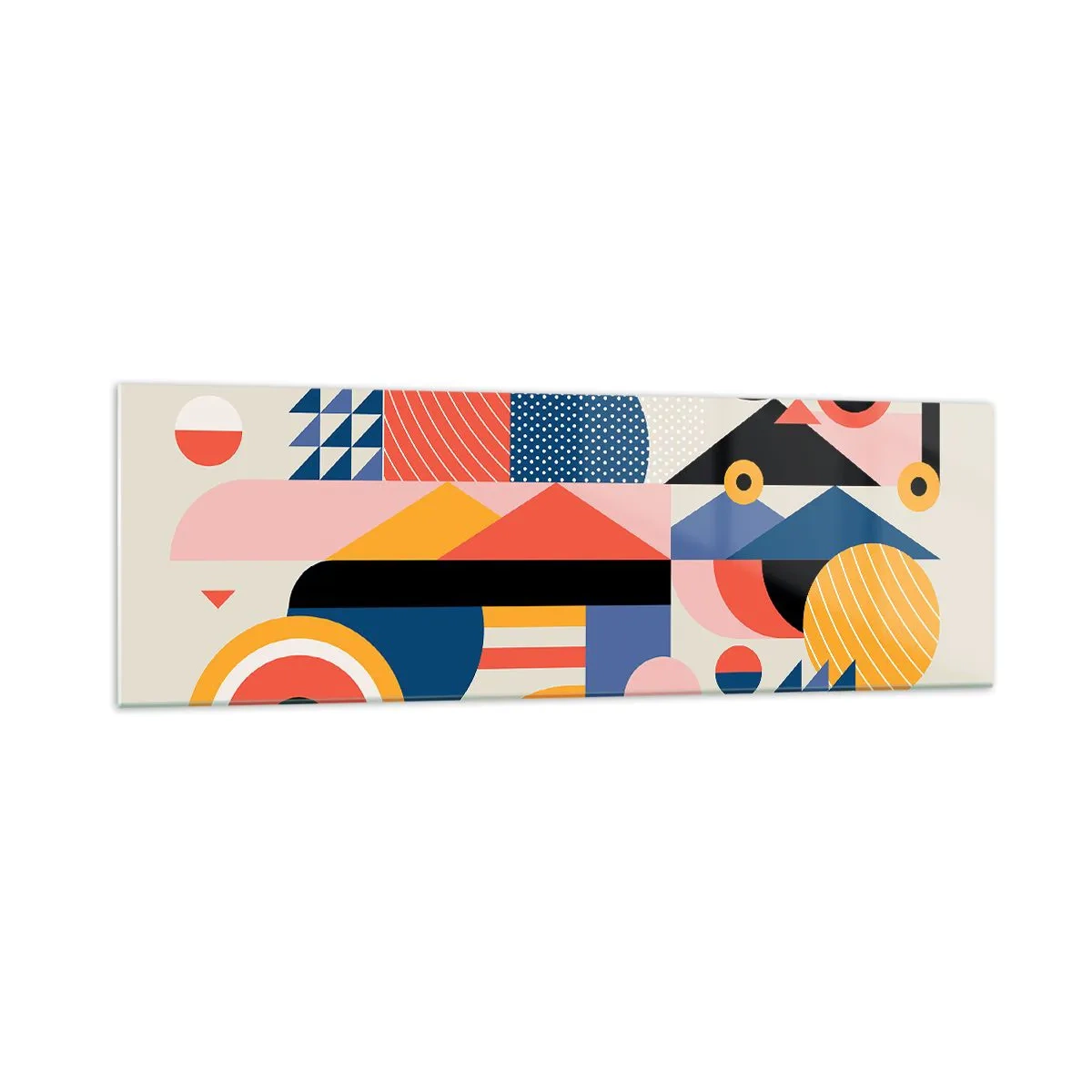 Glasbild - Bild auf glas - Bunte geometrische Formen im Retro-Stil - 160x50cm - Komposition: Na, los, spiel! - Moderne Wanddekoration für Wohnzimmer und Schlafzimmer ARTTOR