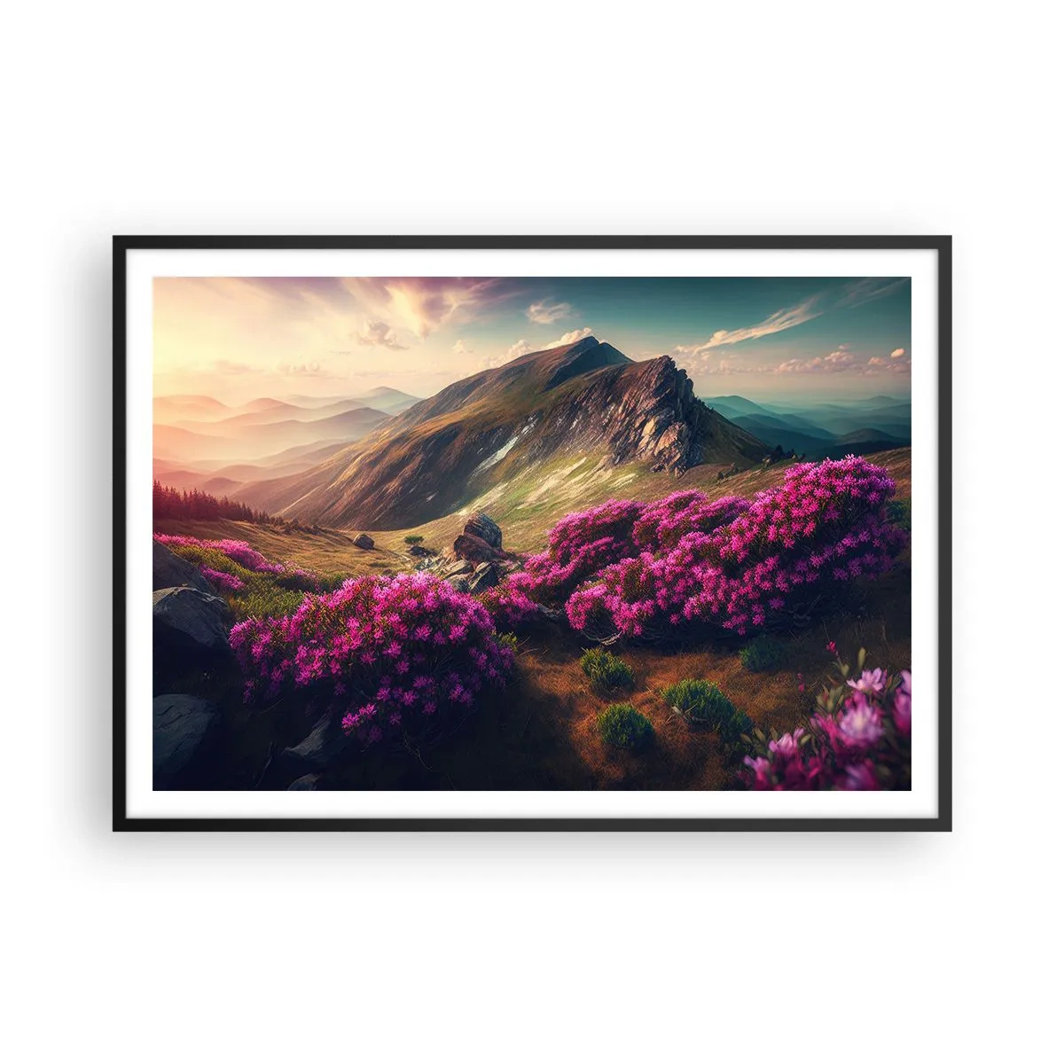 Poster in einem schwarzem Rahmen - Berglandschaft mit blühenden Rhododendren - 100x70cm - Sommer in den Bergen - Moderne Wanddekoration für Wohnzimmer und Schlafzimmer ARTTOR