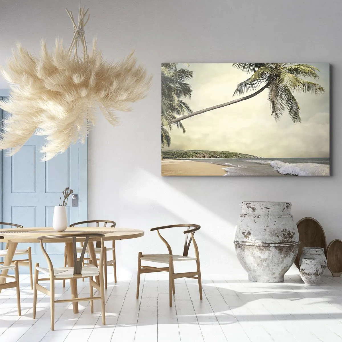 Bild auf Leinwand - Leinwandbild - Ein Strand mit Palmen vor der Kulisse eines ruhigen Meeres - 70x50cm - Tropischer Traum - Moderne Wanddekoration für Wohnzimmer und Schlafzimmer ARTTOR