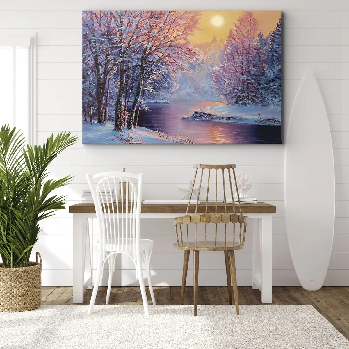 Bild auf Leinwand - Leinwandbild - Winterlandschaft mit Fluss und Bäumen bei Sonnenaufgang - 100x70cm - Die Farben des Winters - Moderne Wanddekoration für Wohnzimmer und Schlafzimmer ARTTOR