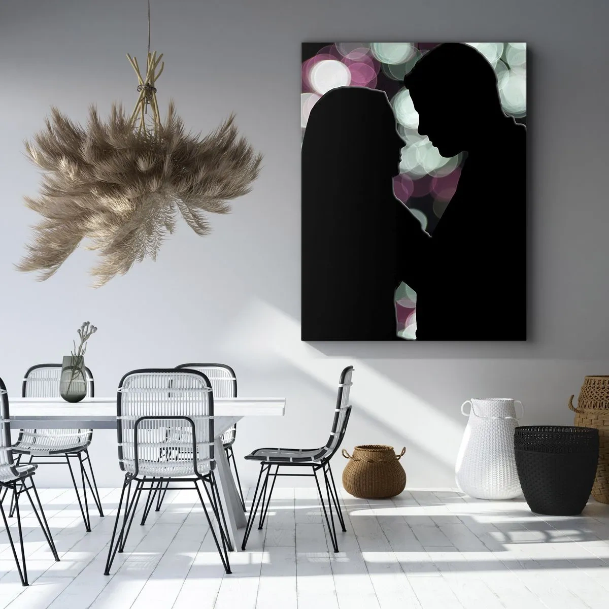 Bild auf Leinwand - Leinwandbild - Silhouetten eines Paares vor dem Hintergrund bunter Bokeh-Lichter - 70x100cm - Jawohl! - Moderne Wanddekoration für Wohnzimmer und Schlafzimmer ARTTOR