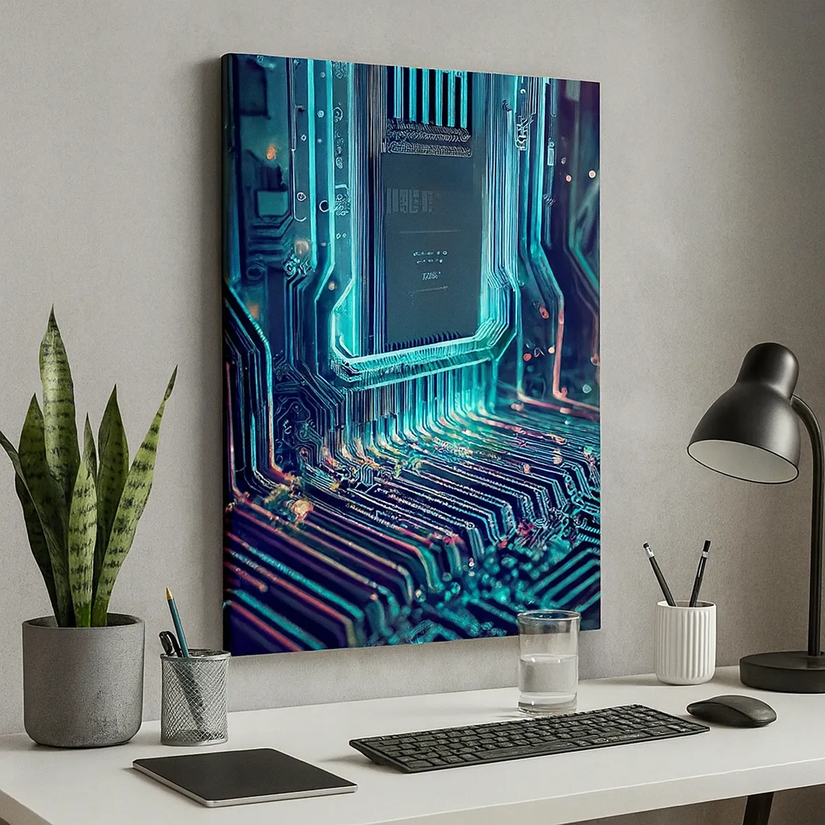 Bild auf Leinwand - Leinwandbild - Technologische Leiterplatte mit beleuchteten Spuren - 50x70cm - Ich denke nur… - Moderne Wanddekoration für Wohnzimmer und Schlafzimmer ARTTOR
