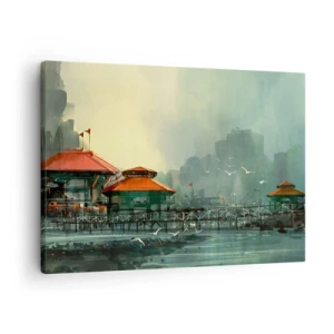 Bild auf Leinwand - Leinwandbild - Hafengebäude in einer regnerischen Landschaft mit Möwen - 70x50cm - Ein sonniger Tag im Hafen - Moderne Wanddekoration für Wohnzimmer und Schlafzimmer ARTTOR