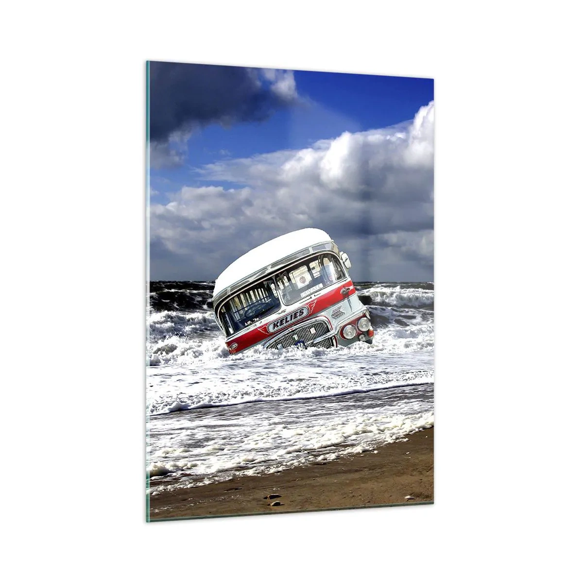 Glasbild - Bild auf glas - Ein alter Bus im Wasser einer stürmischen See - 50x70cm - Und was stehst du so erstaunt? - Moderne Wanddekoration für Wohnzimmer und Schlafzimmer ARTTOR