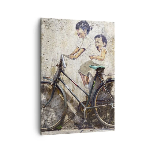 Bild auf Leinwand - Leinwandbild - Streetart mit Fahrrad und Kinderzeichnungen an der Wand - 50x70cm - Richtig oder falsch? - Moderne Wanddekoration für Wohnzimmer und Schlafzimmer ARTTOR