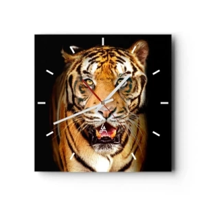 Wanduhr - Glasuhr - Ein Tiger mit offenem Maul auf schwarzem Hintergrund - 30x30cm - Wild im Herzen - Moderne Wanddekoration für Wohnzimmer und Schlafzimmer ARTTOR