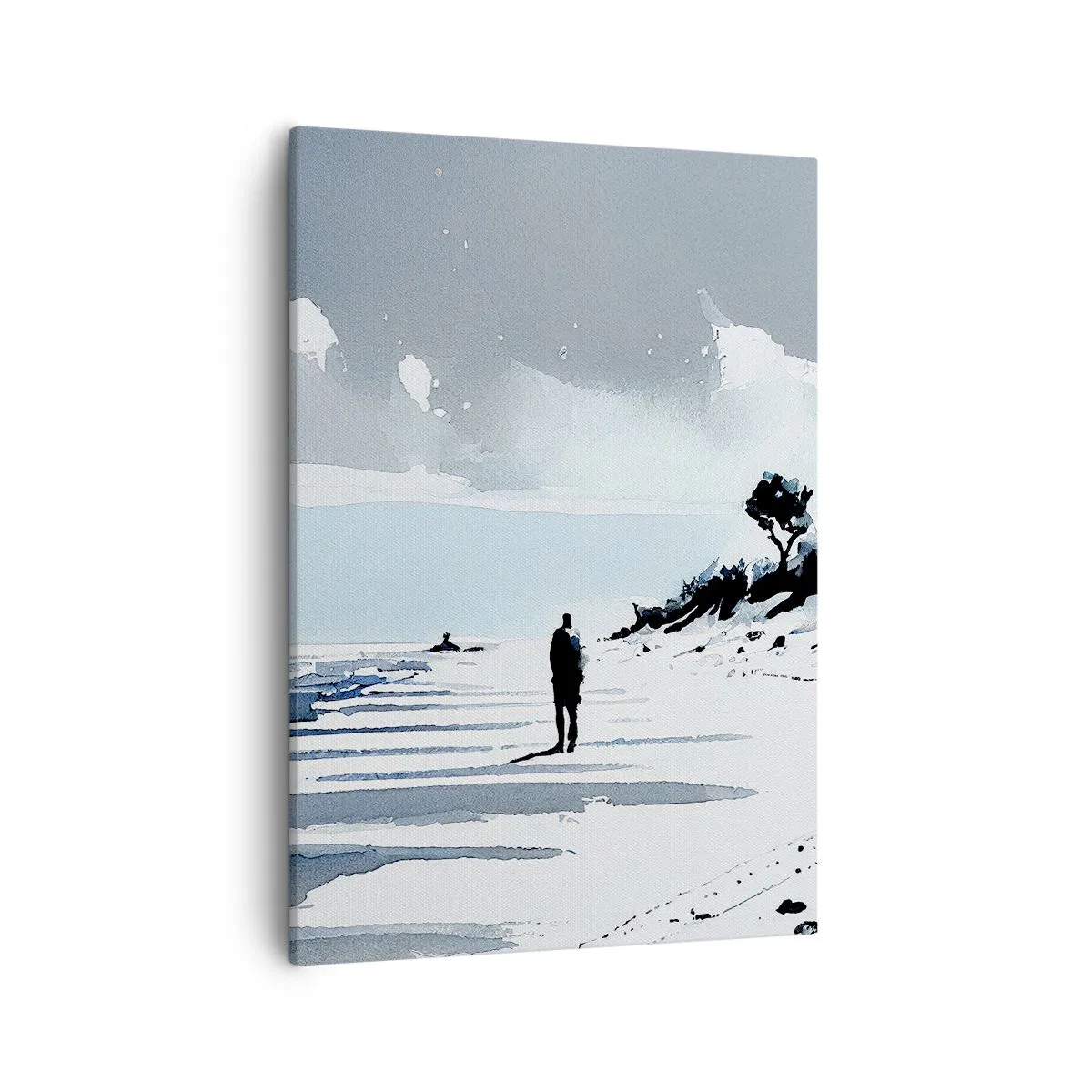 Bild auf Leinwand - Leinwandbild - Eine einsame Gestalt, die an einem leeren Strand entlanggeht - 50x70cm - Allein sein - Moderne Wanddekoration für Wohnzimmer und Schlafzimmer ARTTOR