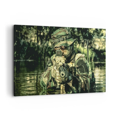 Bild auf Leinwand - Leinwandbild - Ein Soldat in Tarnkleidung zielt durch das Wasser. - 120x80cm - Das Beste vom Besten - Moderne Wanddekoration für Wohnzimmer und Schlafzimmer ARTTOR