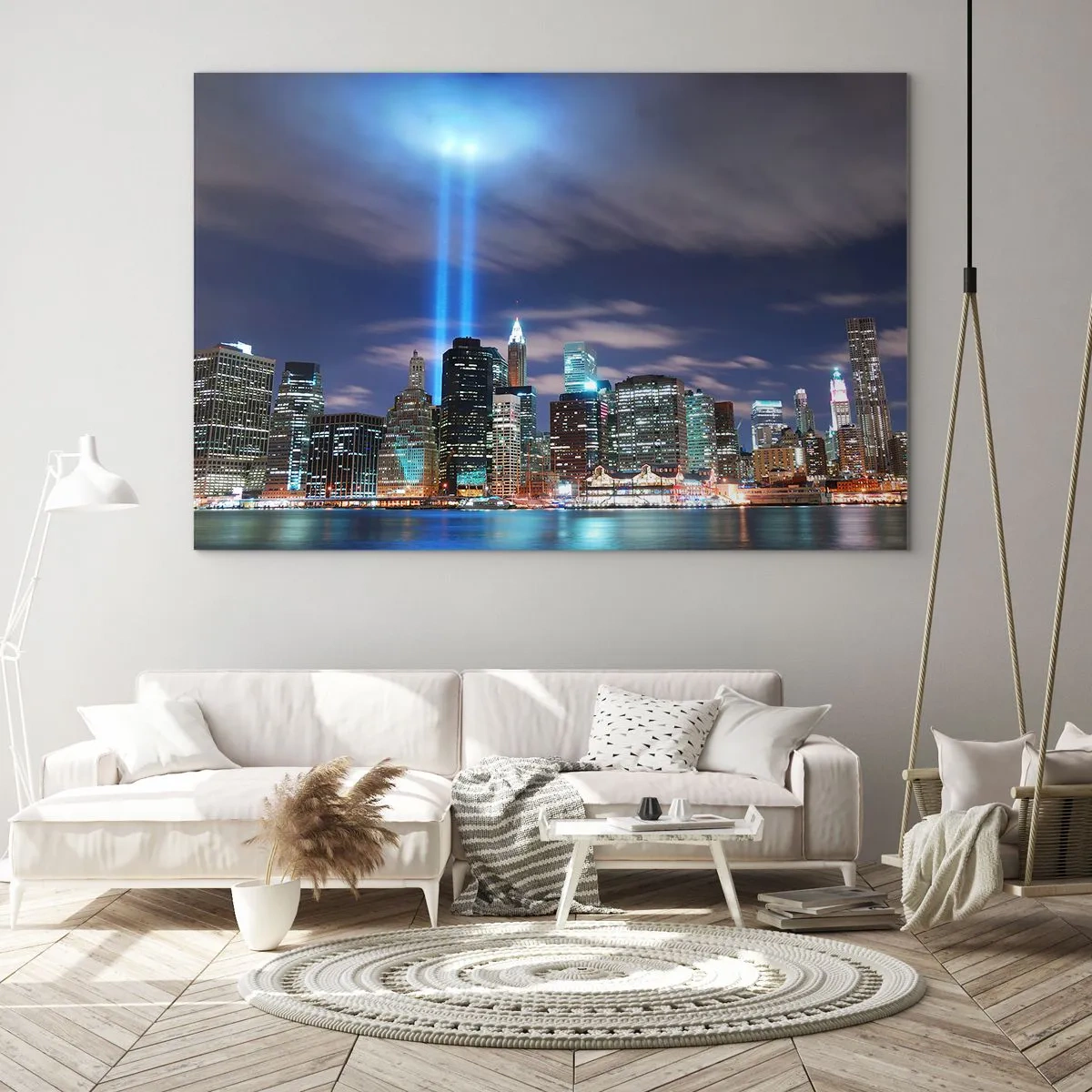 Glasbild - Bild auf glas - Abendpanorama der Stadt mit Scheinwerfern - 70x50cm - Erreiche den Himmel mit dem Licht - Moderne Wanddekoration für Wohnzimmer und Schlafzimmer ARTTOR