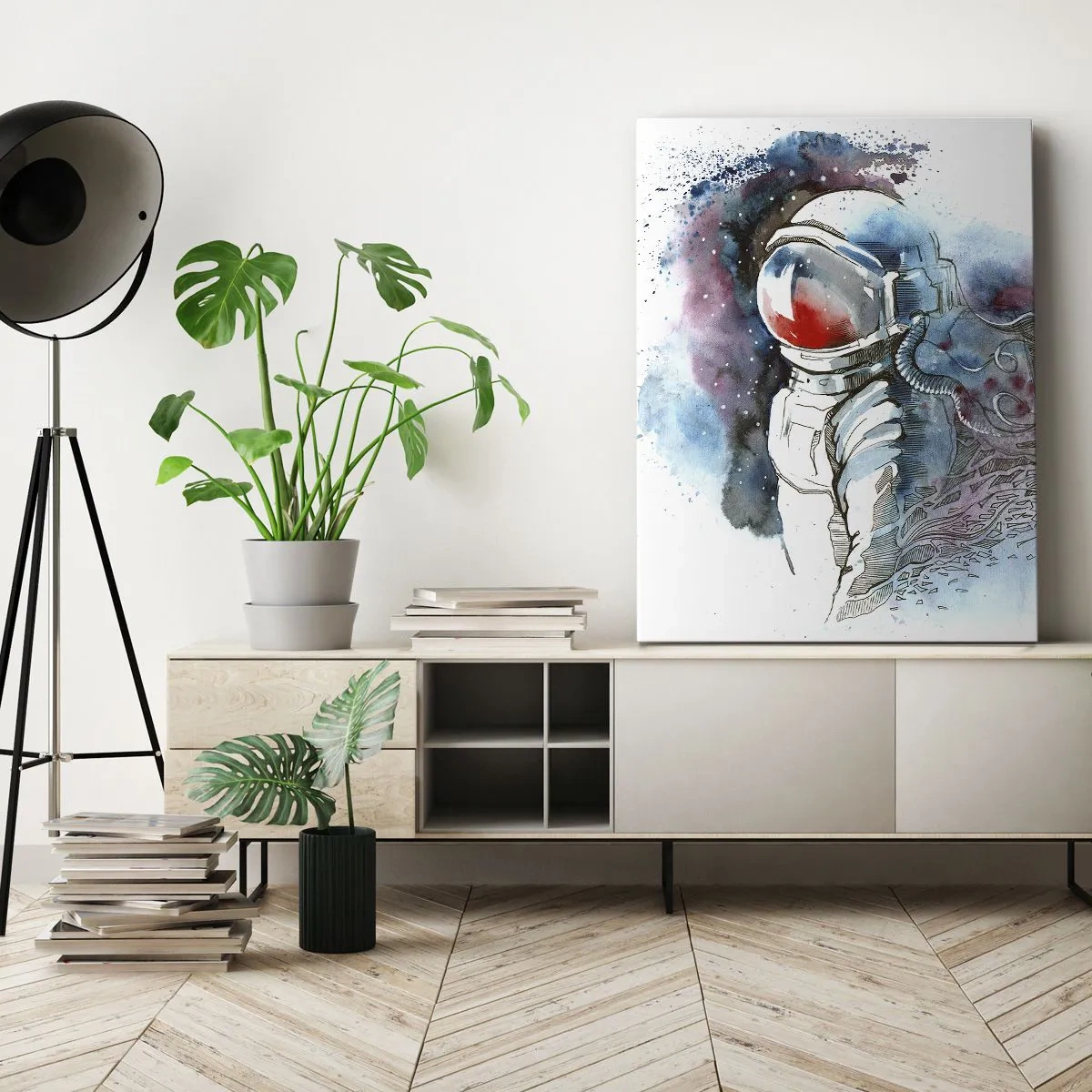 Bild auf Leinwand - Leinwandbild - Ein Kosmonaut in einem dynamischen Aquarell mit kosmischen Details - 50x70cm - Allein mit Platz - Moderne Wanddekoration für Wohnzimmer und Schlafzimmer ARTTOR