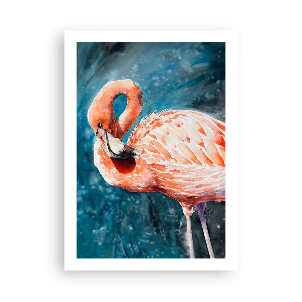 Poster - Ein Aquarell-Flamingo vor einem türkisfarbenen Wasserhintergrund - 50x70cm - Von Natur aus dekorativ - Moderne Wanddekoration für Wohnzimmer und Schlafzimmer ARTTOR
