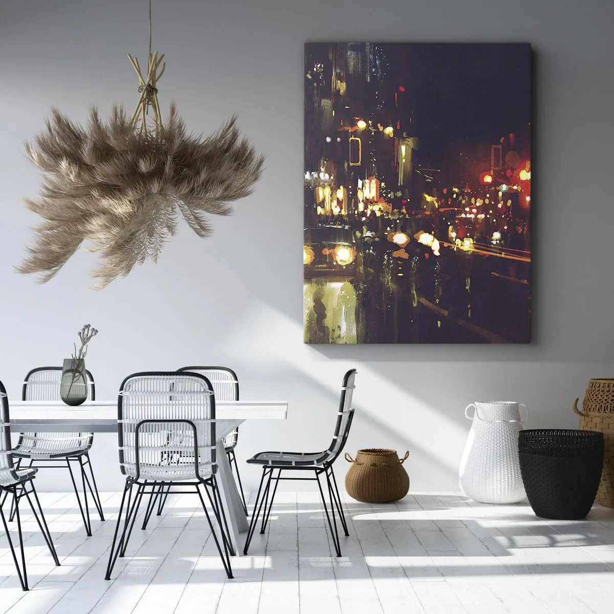 Bild auf Leinwand - Leinwandbild - Nachtszene in der Stadt mit bunten Lichtern und Straßenreflexionen - 50x70cm - Eingetaucht in die Lichter der Nacht - Moderne Wanddekoration für Wohnzimmer und Schlafzimmer ARTTOR