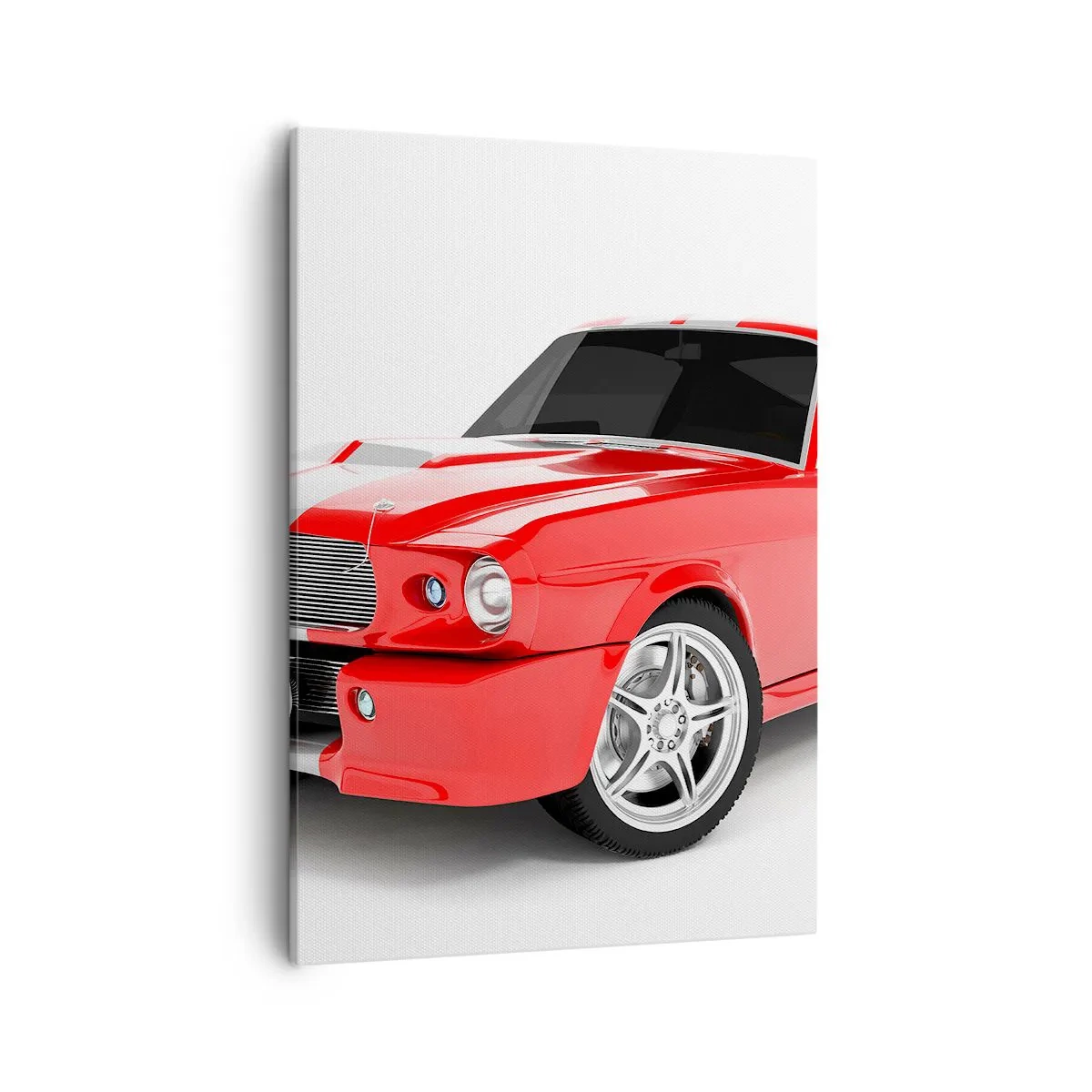 Bild auf Leinwand - Leinwandbild - Roter Sportwagen mit weißen Streifen - 50x70cm - Ein Mustang so schnell wie der Wind - Moderne Wanddekoration für Wohnzimmer und Schlafzimmer ARTTOR