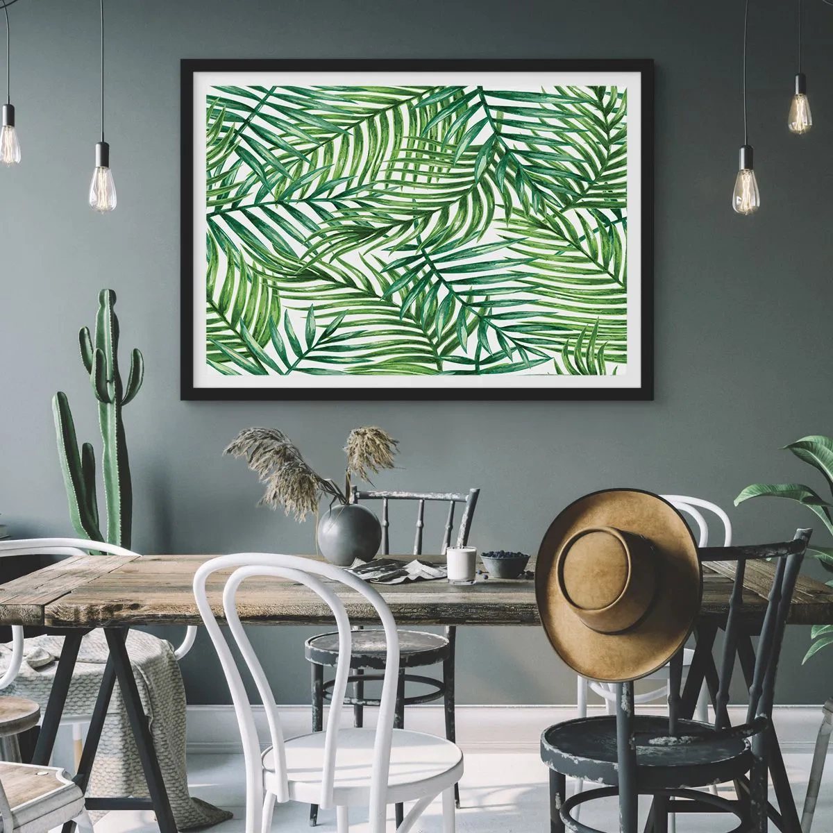 Poster in einem schwarzem Rahmen - Grüne tropische Palmblätter auf hellem Hintergrund - 70x50cm - Unter dem grünen Baldachin - Moderne Wanddekoration für Wohnzimmer und Schlafzimmer ARTTOR