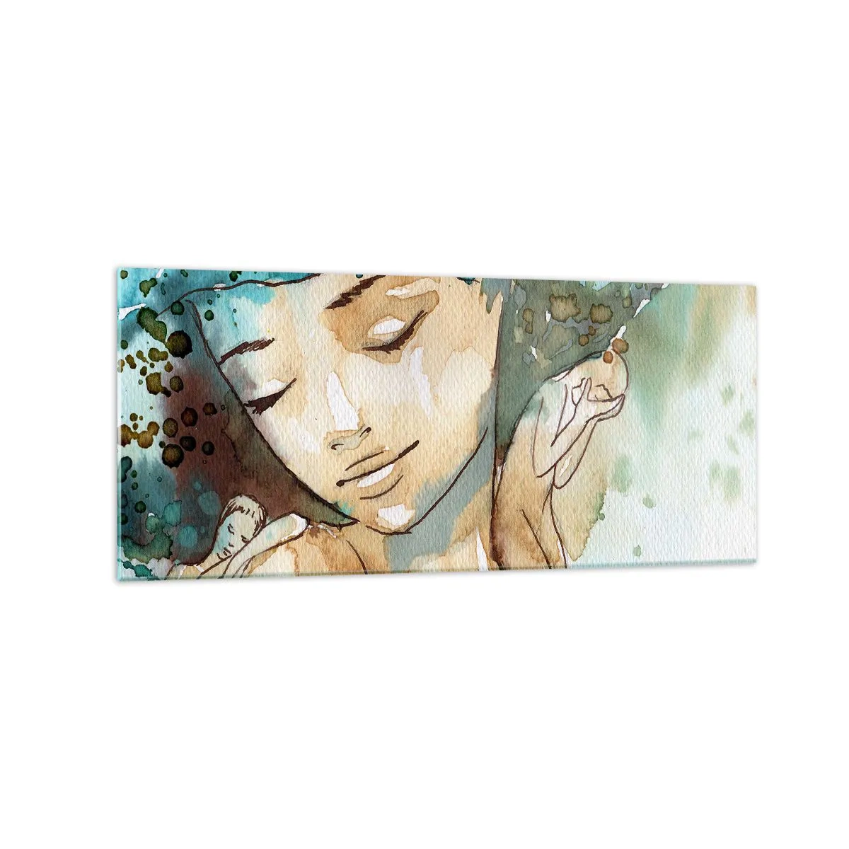 Glasbild - Bild auf glas - Porträt einer Frau in zarten Aquarellfarben - 120x50cm - Dame in Blau - Moderne Wanddekoration für Wohnzimmer und Schlafzimmer ARTTOR