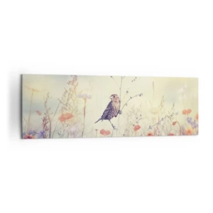Bild auf Leinwand - Leinwandbild - Ein Vogel vor dem Hintergrund einer bunten Wiese in Pastellfarben - 160x50cm - Vogelporträt mit einer Wiese im Hintergrund - Moderne Wanddekoration für Wohnzimmer und Schlafzimmer ARTTOR