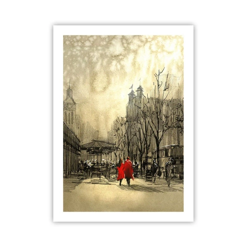 Poster - Eine Figur in einem roten Mantel vor dem Hintergrund einer Winterstadt - 50x70cm - Ein Date im Londoner Nebel - Moderne Wanddekoration für Wohnzimmer und Schlafzimmer ARTTOR