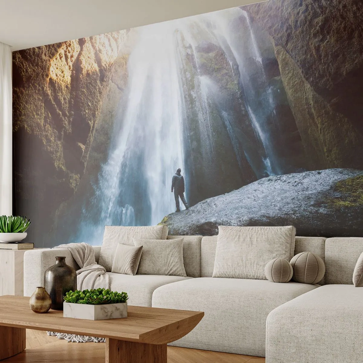 Fototapete Premium Sand - Wiederherstellung der Proportionen - Wasserfall, Felsen, Höhle - 100x70 cm