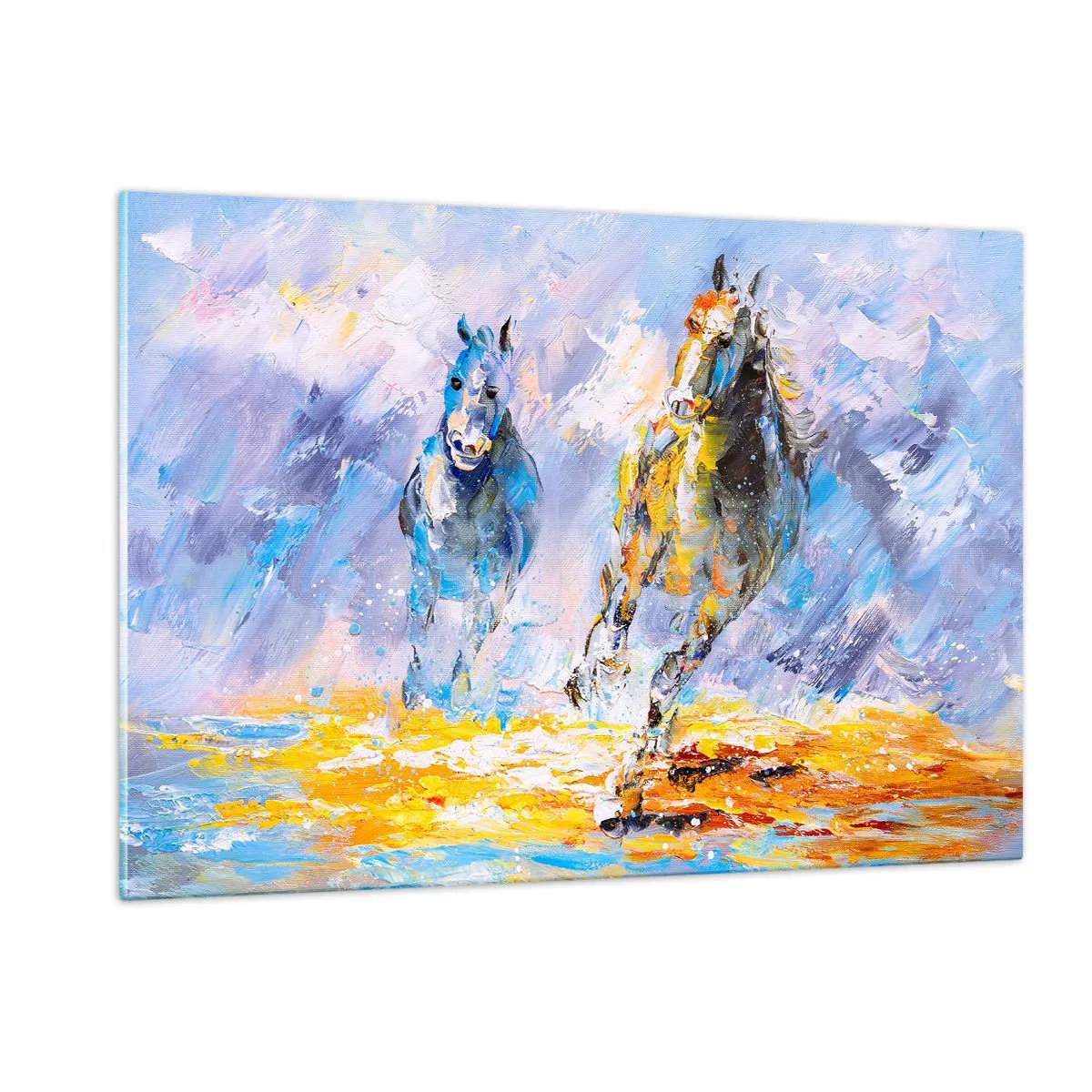Glasbild - Bild auf glas - Zwei Pferde galoppieren im künstlerischen Stil durchs Wasser - 120x80cm - Galopp durch die Blendung - Moderne Wanddekoration für Wohnzimmer und Schlafzimmer ARTTOR