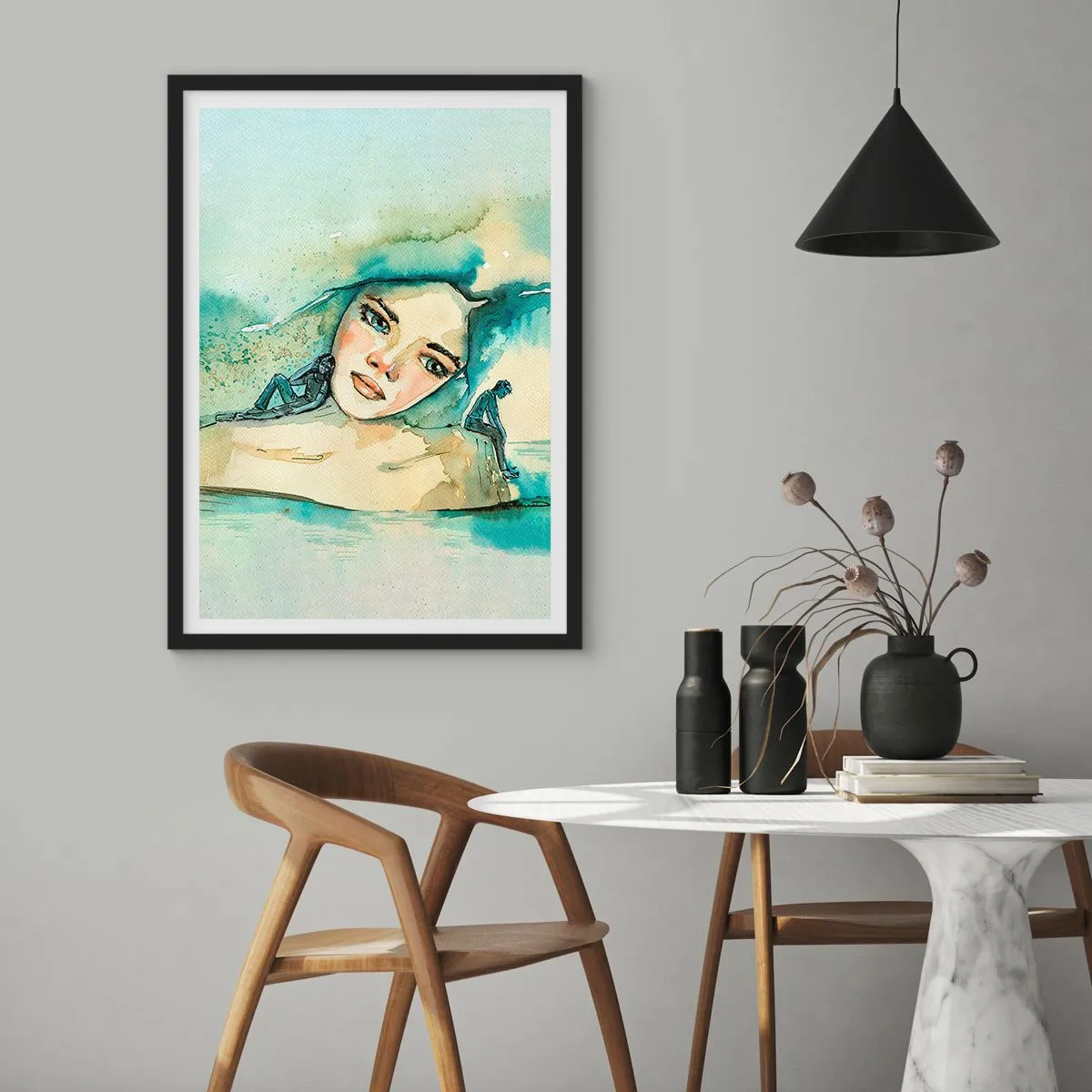 Poster in einem schwarzem Rahmen - Porträt einer Frau im künstlerischen Aquarellstil - 50x70cm - Bin ich blau? - Moderne Wanddekoration für Wohnzimmer und Schlafzimmer ARTTOR