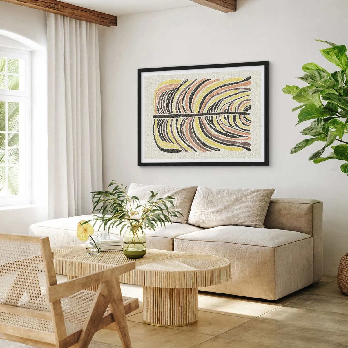 Poster in einem schwarzem Rahmen - Abstraktes Blattmotiv in Erdtönen - 70x50cm - Abstraktion voller Leben - Moderne Wanddekoration für Wohnzimmer und Schlafzimmer ARTTOR