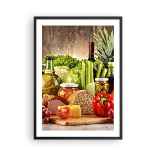 Poster in einem schwarzem Rahmen - Buntes Gemüse und Lebensmittel auf einem hölzernen Hintergrund - 50x70cm - Geräuchert, gebacken und eingelegt - Moderne Wanddekoration für Wohnzimmer und Schlafzimmer ARTTOR