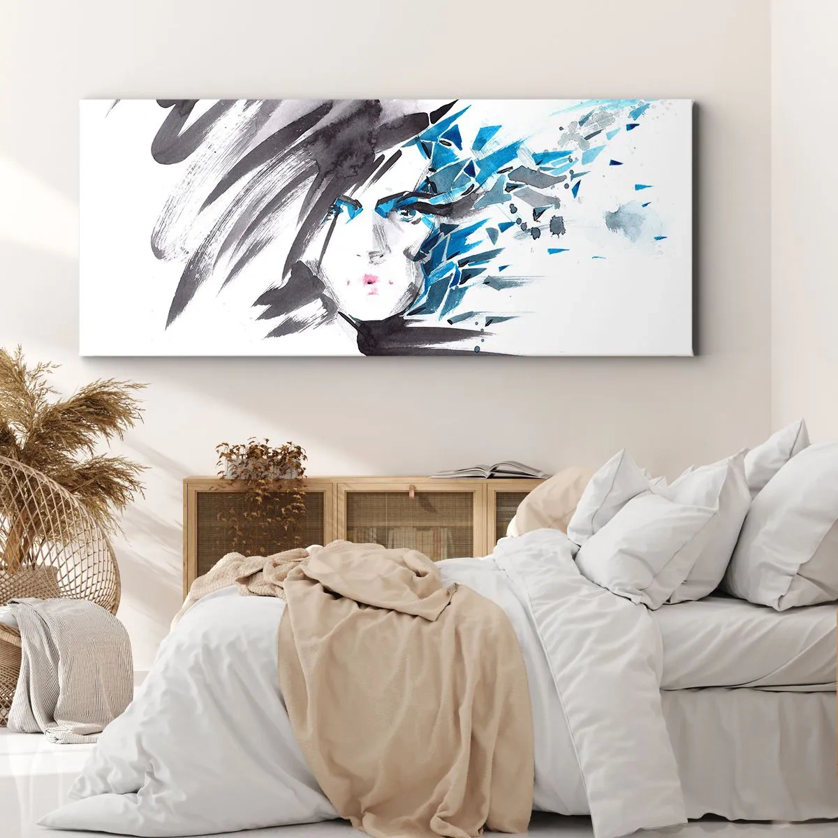 Bild auf Leinwand - Leinwandbild - Künstlerische Aquarell-Gesichtsbemalung mit blauen Akzenten - 160x50cm - Sinnliches Portrait in Grau und Blau - Moderne Wanddekoration für Wohnzimmer und Schlafzimmer ARTTOR