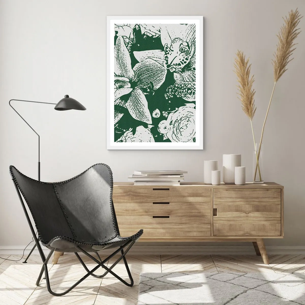 Poster in einem weißen Rahmen - Blumenstrauß – die Welt des Grüns - 50x70 cm