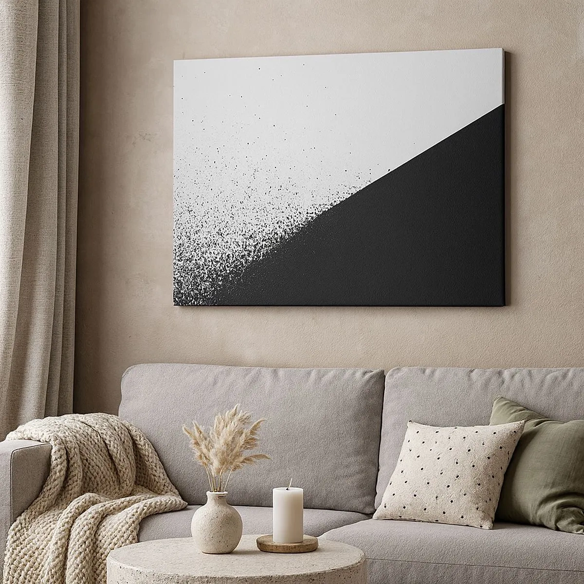 Bild auf Leinwand - Leinwandbild - Minimalistische Abstraktion in Schwarz und Weiß mit verstreuten Punkten - 70x50cm - Immer schneller, immer mehr - Moderne Wanddekoration für Wohnzimmer und Schlafzimmer ARTTOR