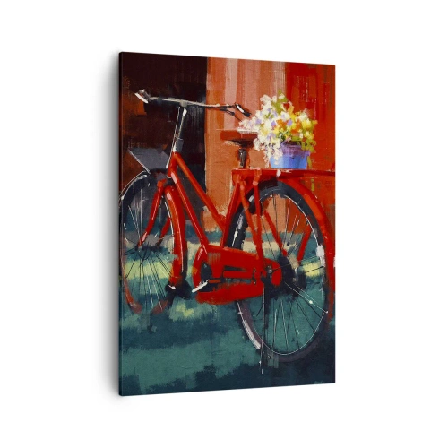 Bild auf Leinwand - Leinwandbild - Ein rotes Fahrrad mit Blumen vor einer orangefarbenen Wand - 50x70cm - Ich möchte mit meinem Fahrrad fahren - Moderne Wanddekoration für Wohnzimmer und Schlafzimmer ARTTOR