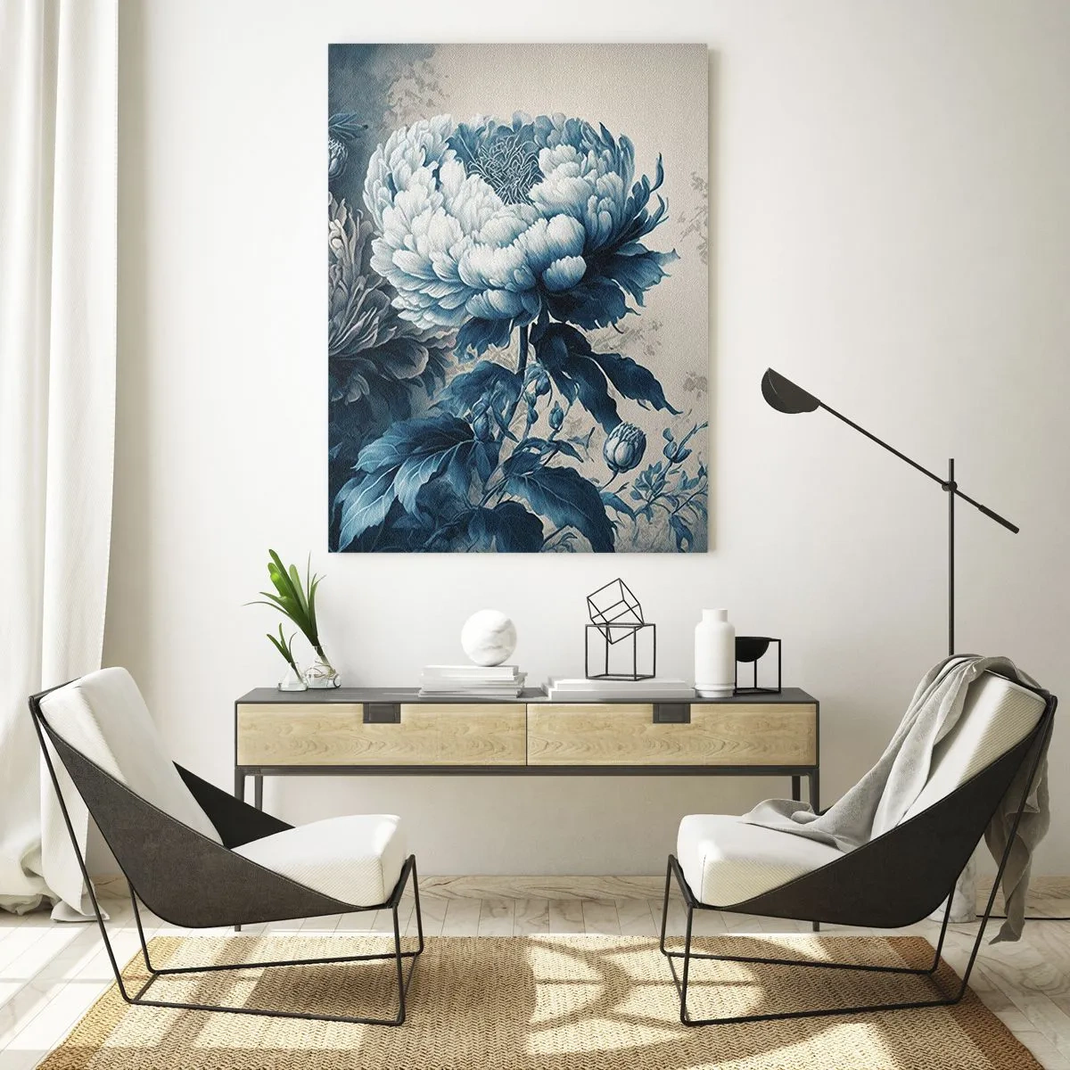 Glasbild - Bild auf glas - Zweifarbige Pfingstrosen in Blau- und Beigetönen auf Vintage-Hintergrund - 50x70cm - Passendes Paar - Moderne Wanddekoration für Wohnzimmer und Schlafzimmer ARTTOR