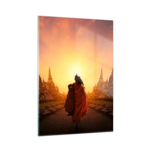 Glasbild - Bild auf glas - Ein Mönch vor der Kulisse der untergehenden Sonne und Tempel in Asien - 50x70cm - In Frieden für die Ewigkeit - Moderne Wanddekoration für Wohnzimmer und Schlafzimmer ARTTOR