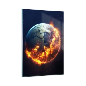 Glasbild - Bild auf glas - Der Planet Erde brennt im Weltraum - 80x120cm - Die Flamme der Apokalypse - Moderne Wanddekoration für Wohnzimmer und Schlafzimmer ARTTOR
