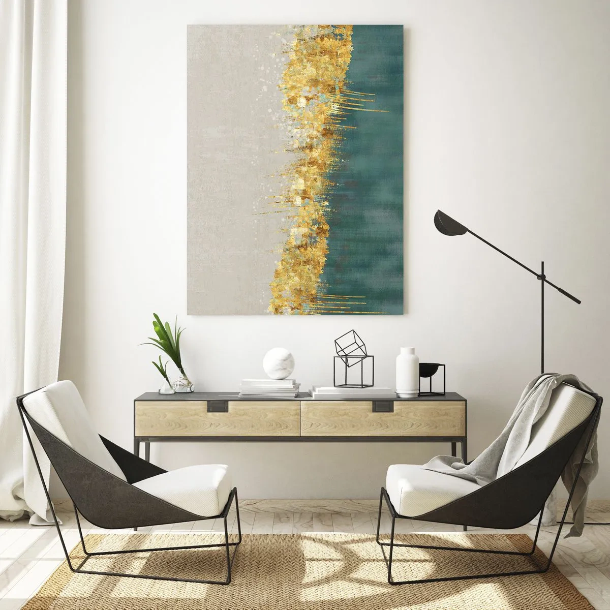 Glasbild - Bild auf glas - Goldakzente schaffen eine Grenze zwischen Beige und Flaschengrün - 50x70cm - Goldener Rand - Moderne Wanddekoration für Wohnzimmer und Schlafzimmer ARTTOR