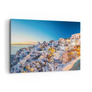 Bild auf Leinwand - Leinwandbild - Blick auf eine griechische Stadt bei Sonnenuntergang - 100x70cm - Die Essenz des Griechischen - Moderne Wanddekoration für Wohnzimmer und Schlafzimmer ARTTOR