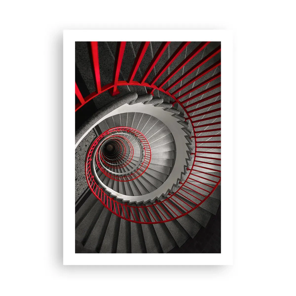 Poster - Wendeltreppe in Schwarz und Weiß mit roten Handläufen - 50x70cm - Architekturspaß - Moderne Wanddekoration für Wohnzimmer und Schlafzimmer ARTTOR