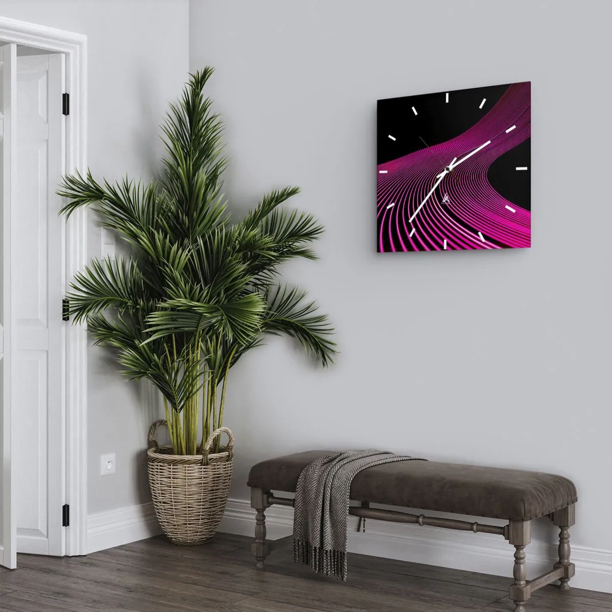Wanduhr - Glasuhr - Futuristische Linien in Rosatönen auf schwarzem Hintergrund - 30x30cm - Allee des Lichts - Moderne Wanddekoration für Wohnzimmer und Schlafzimmer ARTTOR