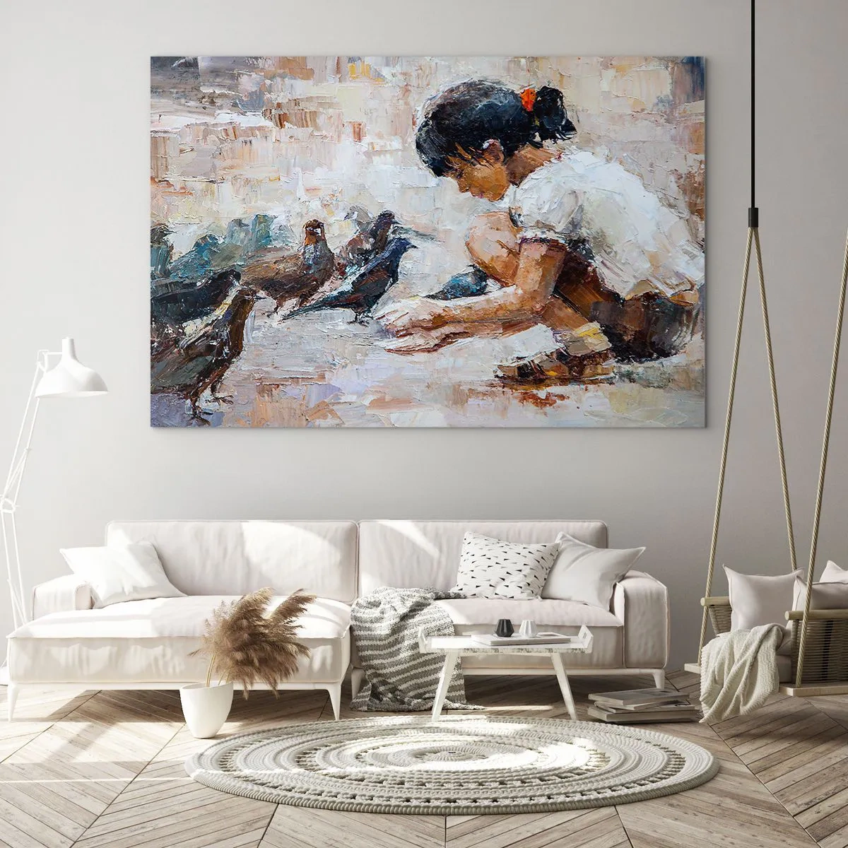Glasbild - Bild auf glas - Ein Mädchen, das Vögel füttert, vor einem impressionistischen Hintergrund - 70x50cm - Die Kleinen und die Schönsten - Moderne Wanddekoration für Wohnzimmer und Schlafzimmer ARTTOR