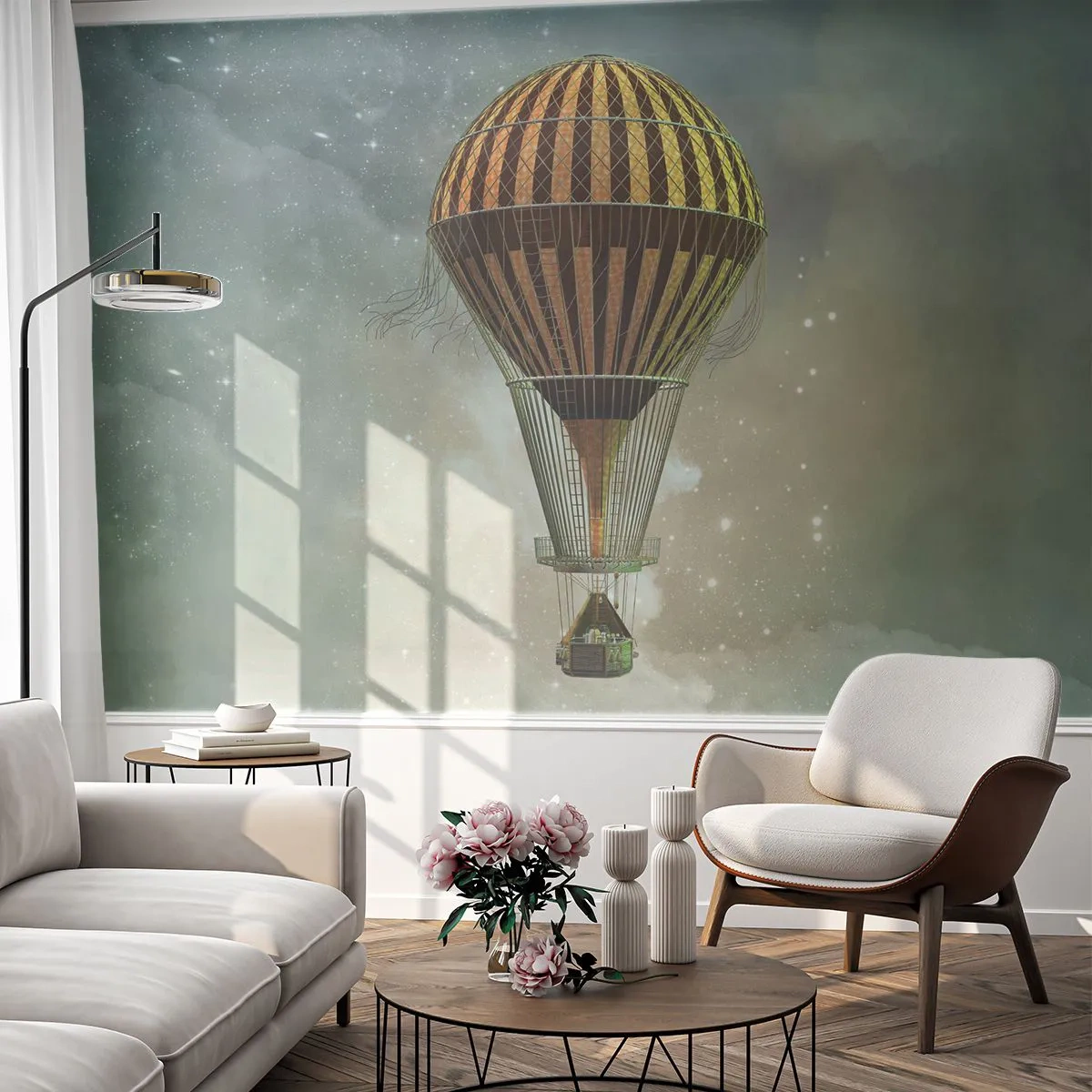 Fototapete Premium Sand - Ein goldener Ballon schwebt zwischen Sternen und Nebeln - 100x70cm - Pionierflüge - Moderne Wanddekoration für Wohnzimmer und Schlafzimmer ARTTOR