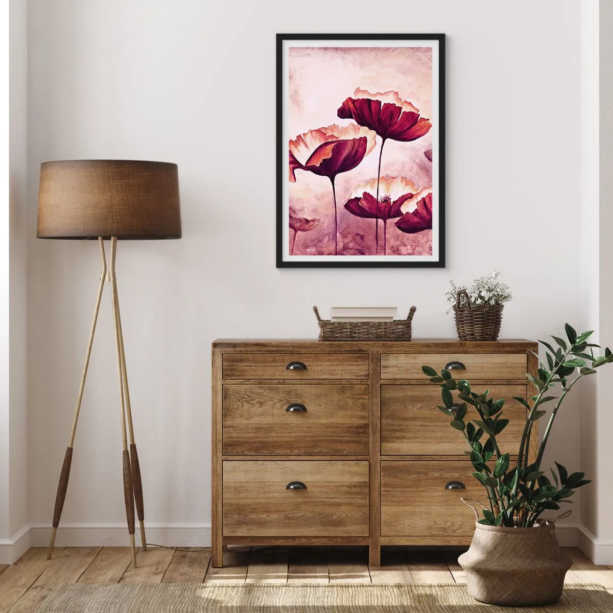 Poster in einem schwarzem Rahmen - Malerische Mohnblumen vor einem dezenten Pastellhintergrund - 50x70cm - Rotes und weißes Blütenblatt - Moderne Wanddekoration für Wohnzimmer und Schlafzimmer ARTTOR