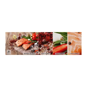 Fototapeten Muster Premium Sand - Norwegisches Abenteuer in der Küche - Gastronomie, Lachs, Gewürze - 100x30 cm