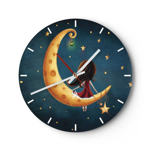 Wanduhr - Glasuhr - Ein Mädchen sitzt auf dem Mond in einer Märchenkulisse - 30x30cm - Einmal… - Moderne Wanddekoration für Wohnzimmer, Küche und Schlafzimmer ARTTOR