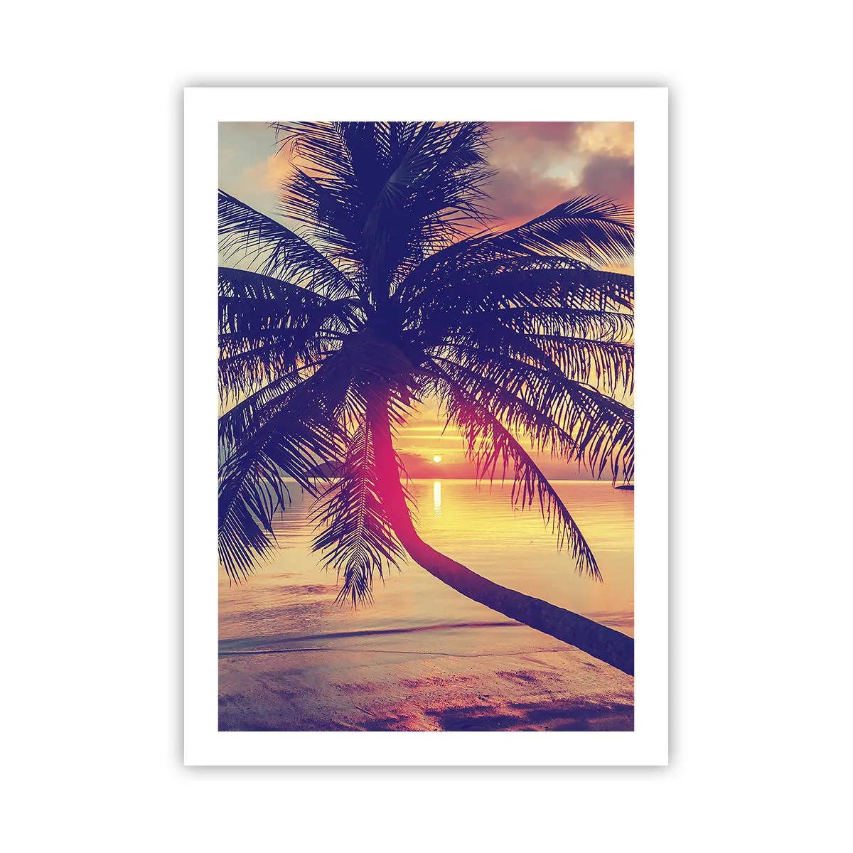 Poster - Palme bei Sonnenuntergang mit Blick auf ein ruhiges Meer - 50x70cm - Abend unter Palmen - Moderne Wanddekoration für Wohnzimmer und Schlafzimmer ARTTOR