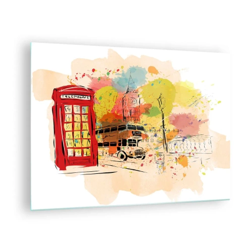 Glasbild - Bild auf glas - Eine rote Telefonzelle, ein Doppeldeckerbus und Big Ben - 70x50cm - Die Stadt der Vielfalt - Moderne Wanddekoration für Wohnzimmer und Schlafzimmer ARTTOR